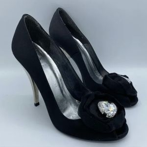 Stuart Weitzman Black Satin & Swarovski Chrome-Heeled Peep-Toe Pumps Sz 9
